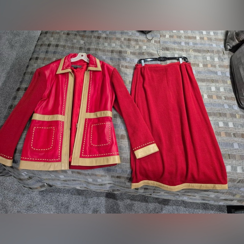 Red Matching Knit & Lambskin skirt set in very good condition!!!